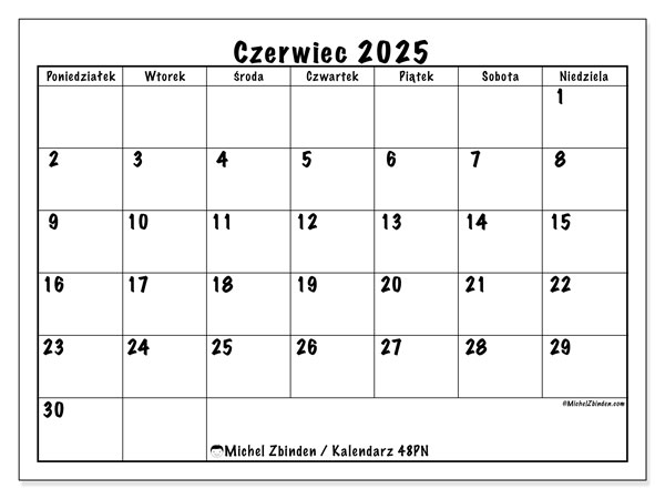 Kalendarz do druku, czerwiec 2025, 48PN