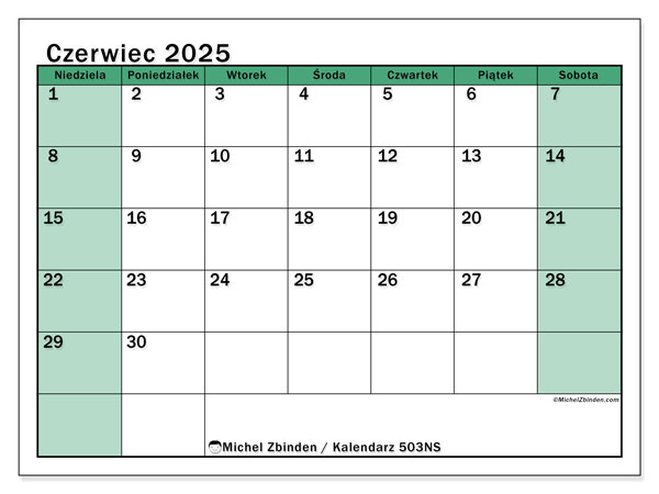 Kalendarz do druku, czerwiec 2025, 503NS