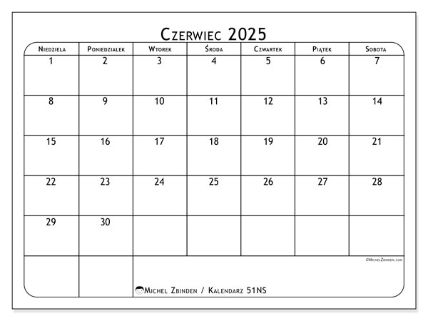 Kalendarz do druku, czerwiec 2025, 51NS