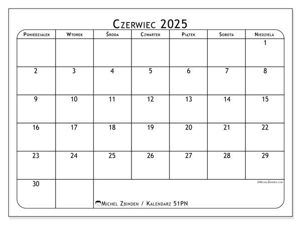 Kalendarz do druku, czerwiec 2025, 51PN