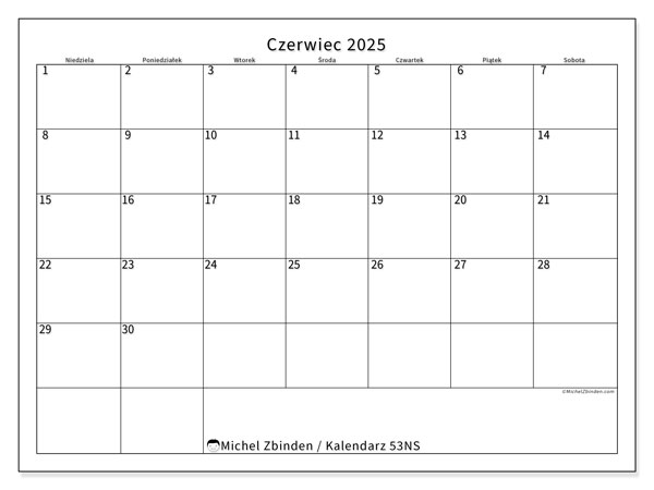 Kalendarz czerwiec 2025 “53”. Darmowy program do druku.. Od niedzieli do soboty