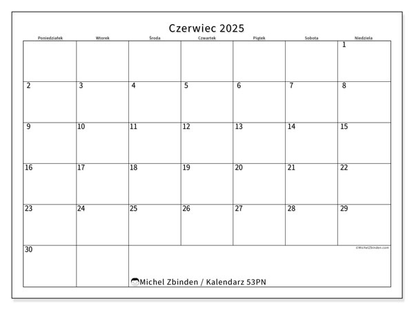 Kalendarz czerwiec 2025, 53NS. Darmowy kalendarz do druku.