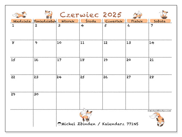 Kalendarz do druku, czerwiec 2025, 771NS