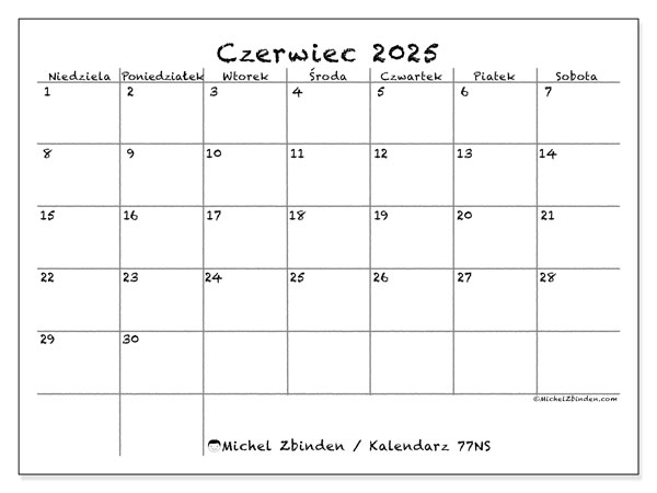 Kalendarz czerwiec 2025 “77”. Darmowy kalendarz do druku.. Od niedzieli do soboty