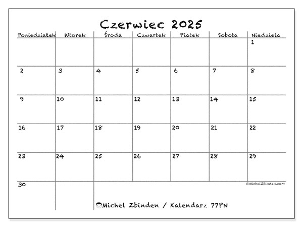 Kalendarz czerwiec 2025 “77”. Darmowy kalendarz do druku.. Od poniedziałku do niedzieli