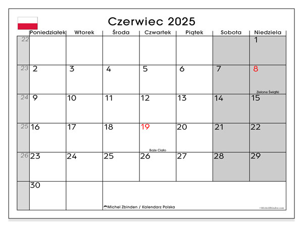 Kalender zum Ausdrucken, Juni 2025, Polen