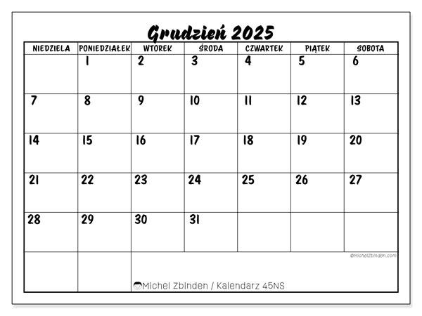 Kalendarz do druku, grudzień 2025, 45NS
