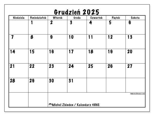 Kalendarz do druku, grudzień 2025, 48NS