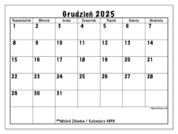 Kalendarz do druku, grudzień 2025, 48PN