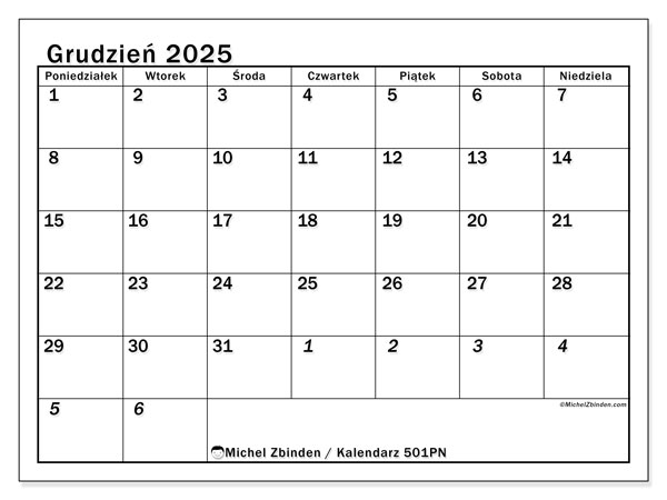 Kalendarz do druku, grudzień 2025, 501PN