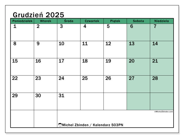 Kalendarz do druku, grudzień 2025, 503PN