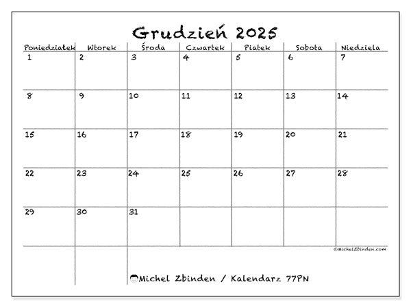 Kalendarz do druku, grudzień 2025, 77PN