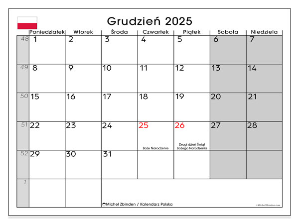 Kalender om af te drukken, december 2025, Polen