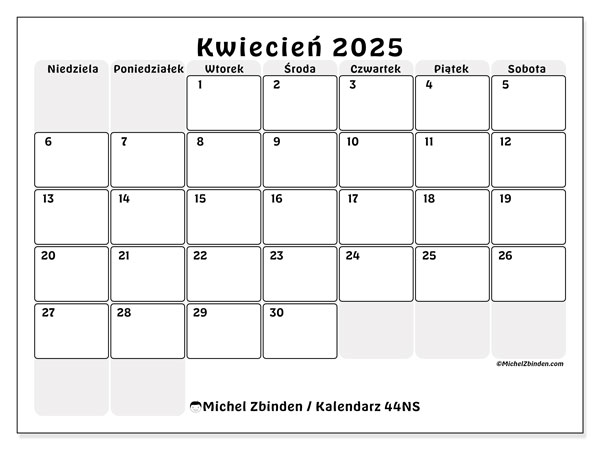 Kalendarz kwiecień 2025, 44NS. Darmowy kalendarz do druku.