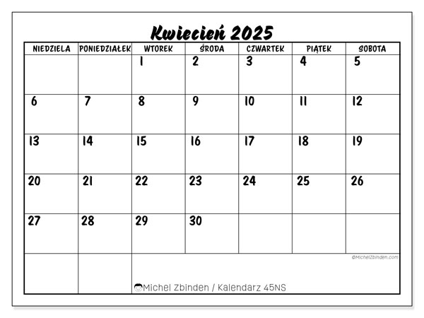 Kalendarz kwiecień 2025 “45”. Darmowy terminarz do druku.. Od niedzieli do soboty