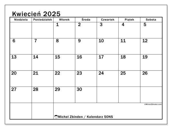 Kalendarz kwiecień 2025 “50”. Darmowy plan do druku.. Od niedzieli do soboty