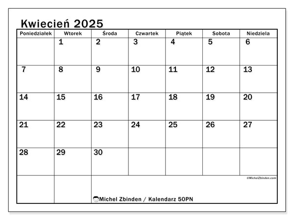 Kalendarz kwiecień 2025 “50”. Darmowy plan do druku.. Od poniedziałku do niedzieli