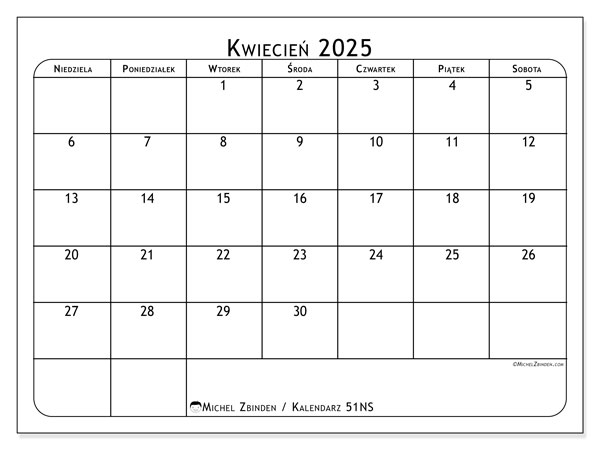 Kalendarz kwiecień 2025 “51”. Darmowy plan do druku.. Od niedzieli do soboty