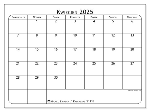 Kalendarz kwiecień 2025 “51”. Darmowy plan do druku.. Od poniedziałku do niedzieli