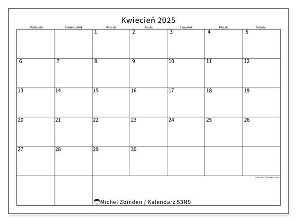 Kalendarz kwiecień 2025 “53”. Darmowy dziennik do druku.. Od niedzieli do soboty