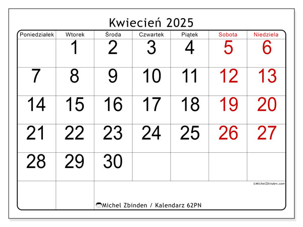 Kalendarz do druku, kwiecień 2025, 62PN