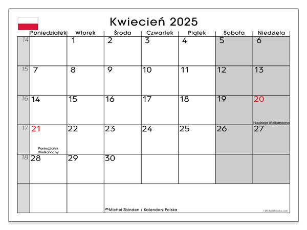 Calendario aprile 2025 “Polonia”. Programma da stampare gratuito.. Da lunedì a domenica