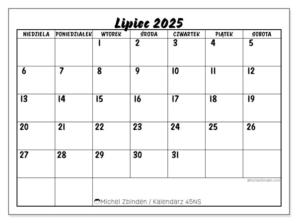 Kalendarz do druku, lipiec 2025, 45NS