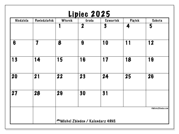 Kalendarz do druku, lipiec 2025, 48NS