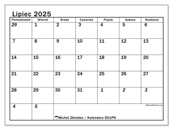 Kalendarz do druku, lipiec 2025, 501PN