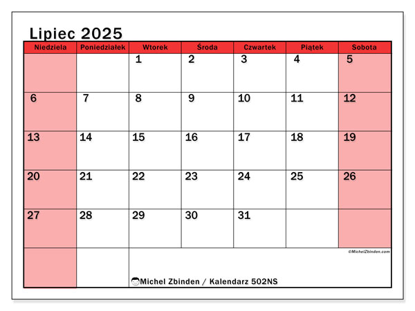 Kalendarz do druku, lipiec 2025, 502NS