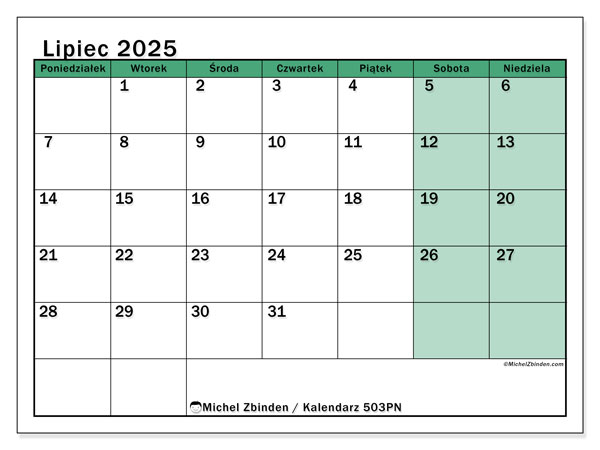 Kalendarz do druku, lipiec 2025, 503PN