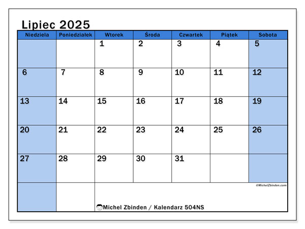 Kalendarz do druku, lipiec 2025, 504NS