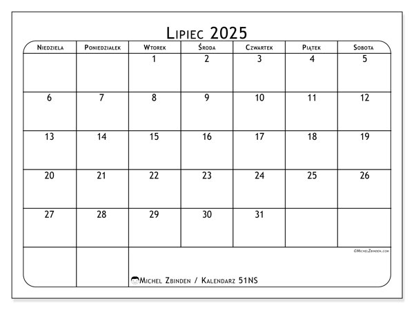Kalendarz do druku, lipiec 2025, 51NS