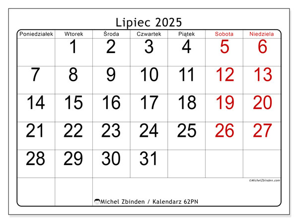 Kalendarz do druku, lipiec 2025, 62PN