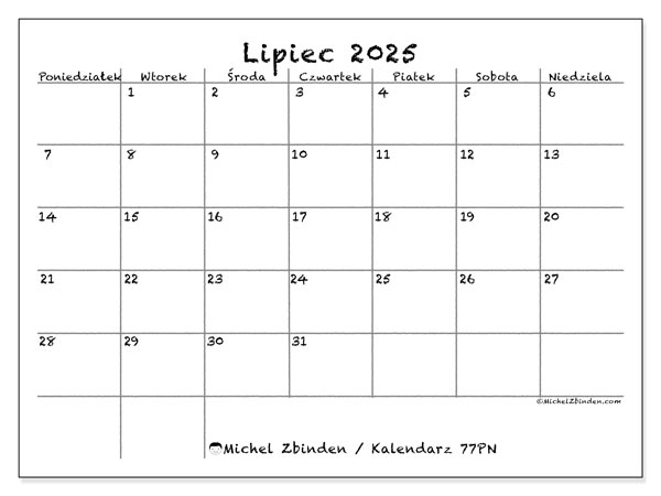 Kalendarz do druku, lipiec 2025, 77PN