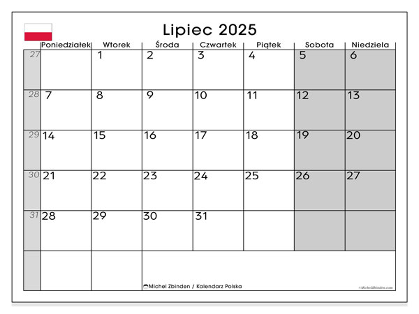 Kalender zum Ausdrucken, Juli 2025, Polen