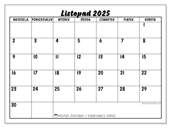 Kalendarz do druku, listopad 2025, 45NS