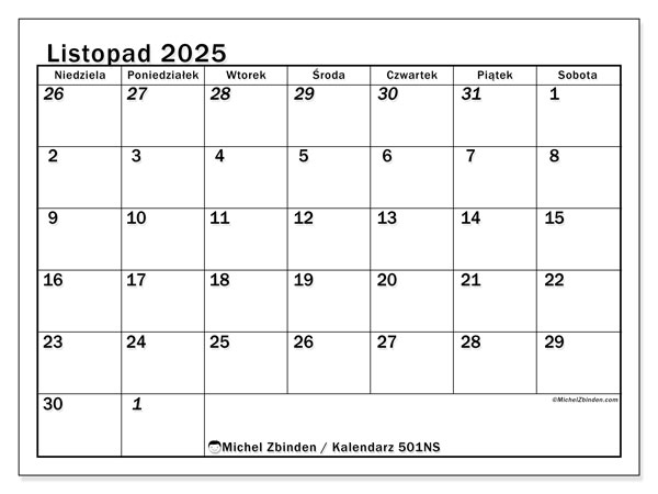 Kalendarz do druku, listopad 2025, 501NS