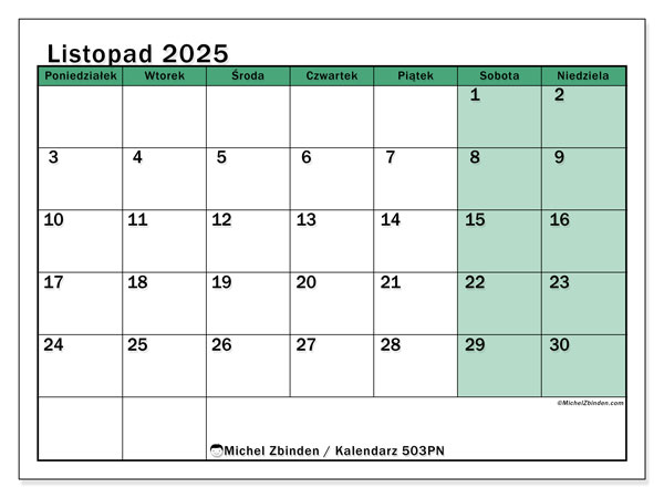 Kalendarz do druku, listopad 2025, 503PN
