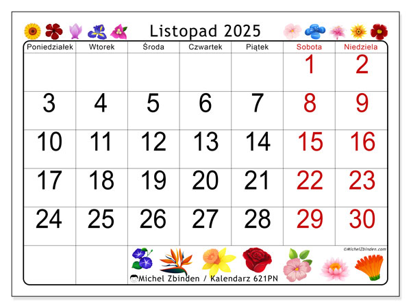 Kalendarz do druku, listopad 2025, 621PN