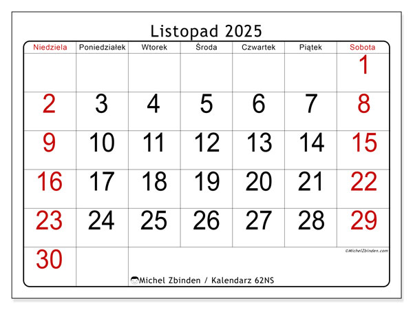 Kalendarz do druku, listopad 2025, 62NS