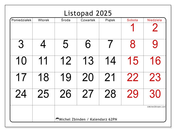 Kalendarz do druku, listopad 2025, 62PN