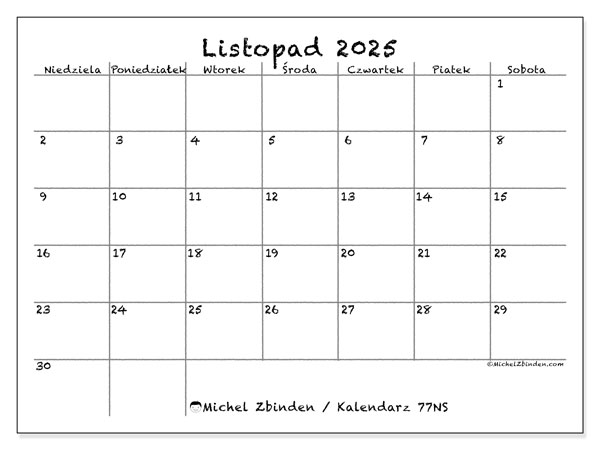 Kalendarz do druku, listopad 2025, 77NS