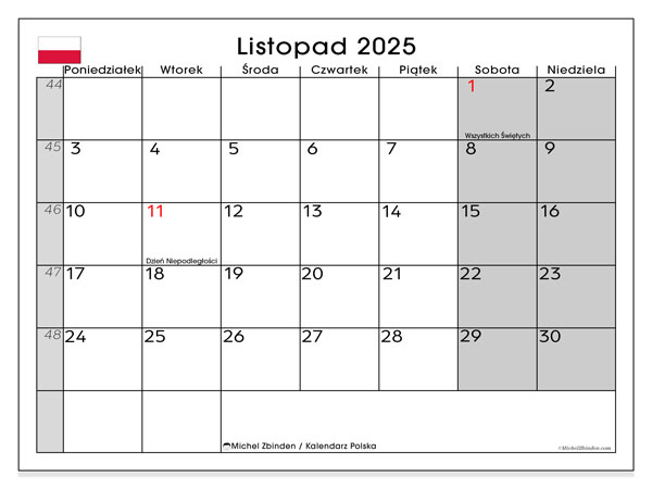 Calendario da stampare, novembre 2025, Polonia