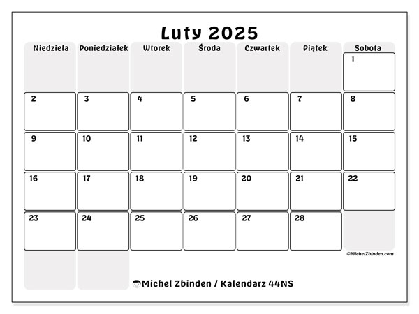 Kalendarz luty 2025 “44”. Darmowy terminarz do druku.. Od niedzieli do soboty
