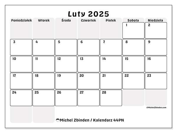 Kalendarz luty 2025 “44”. Darmowy terminarz do druku.. Od poniedziałku do niedzieli