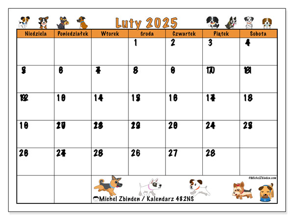 Kalendarz luty 2025 “482”. Darmowy plan do druku.. Od niedzieli do soboty