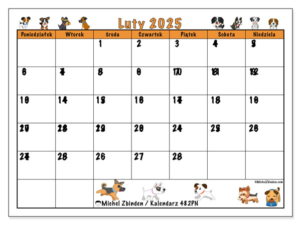 Kalendarz luty 2025 “482”. Darmowy plan do druku.. Od poniedziałku do niedzieli