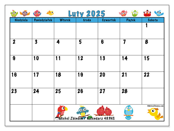 Kalendarz luty 2025 “483”. Darmowy program do druku.. Od niedzieli do soboty