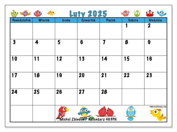 Kalendarz luty 2025 “483”. Darmowy terminarz do druku.. Od poniedziałku do niedzieli